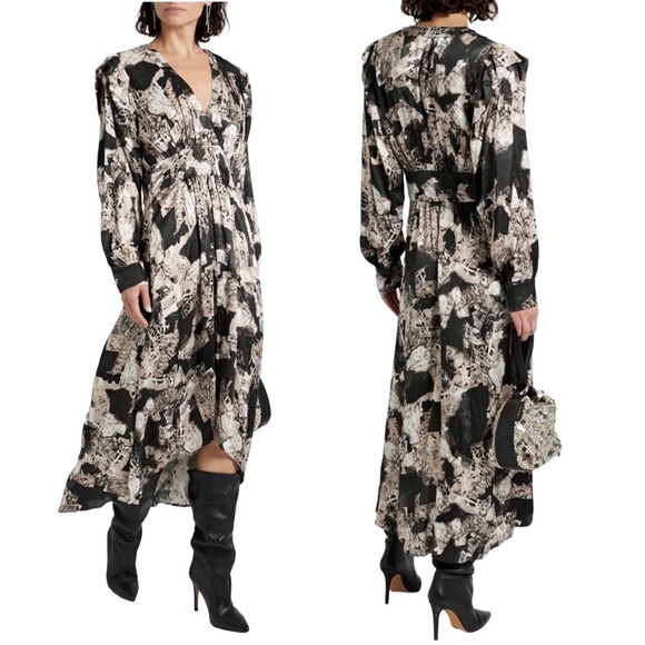 IRO Nuna Gathered Printed Satin Crepe Midi Dress Size 6 Black High Low NWT - Picture 1 of 11